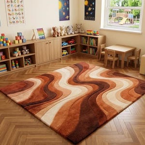 A rectangular rug with wavy stripes in shades of brown, orange, and cream on a light wood floor in a child's playroom with wooden furniture and toys.