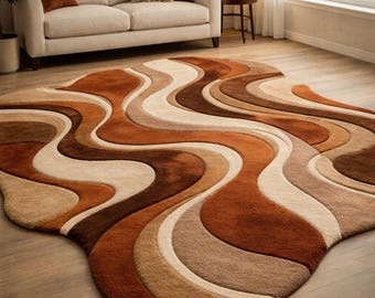 abstract wavy rug, irregular shape , brown area carpet, mid century modern carpet