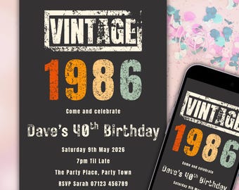 Può includere: Un invito di compleanno a tema vintage con la scritta "VINTAGE 1986" in bianco, arancione e verde acqua invecchiati. L'invito include i dettagli per una festa del 40° compleanno, con data, ora e luogo. Uno smartphone mostra lo stesso design.
