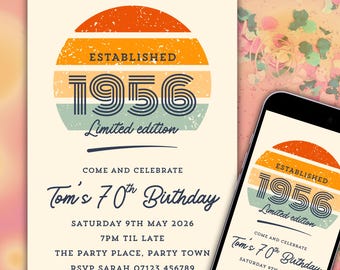 Editable 70th Birthday Invitation, Printable Retro Sunset 1956 Birthday Party Invite, Mobile Invite, Canva Template, Digital Download