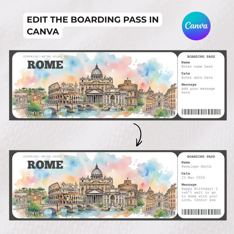 Editable Rome Boarding Pass Template, Surprise Trip to Rome ...