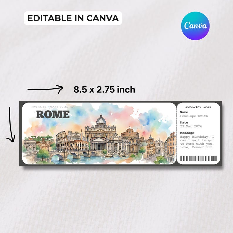 Editable Rome Boarding Pass Template, Surprise Trip to Rome ...