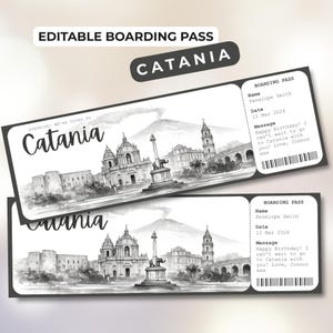 May include: Two monochrome boarding passes featuring the city of Catania, with architectural illustrations. The passes include the text "Editable Boarding Pass" and personal details such as a name, date, and a message.