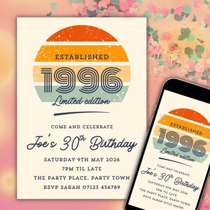 May include: A birthday invitation with a retro design. The invitation features the text "ESTABLISHED 1996" in a circular design with orange, yellow, and blue stripes. The invitation also includes the text "Joe's 30th Birthday". A smartphone displays the same design.
