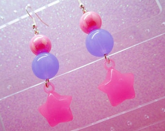 SALE -Star Dangle Earrings, Pink Star Earrings, Kawaii Star Earrings,Kawaii,Star Drop Earrings, Purple Star Earrings, Colorful Star Earrings