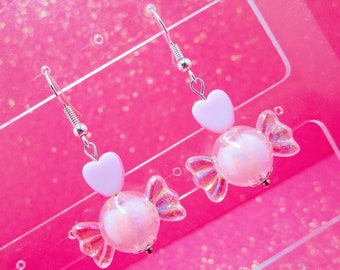 Pastel Kawaii Dangle Earrings, Pastel Dangle Earrings, Pastel Earrings, Girls Drop Earrings, Fairy Kei, Heart Earrings, Candy Earrings, Pink