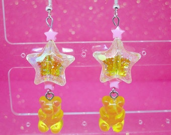 Yellow Gummy Bear Earrings, Kawaii Gummy Earrings, Yellow Star Earrings, Kawaii, Candy Earrings, Pink Star Earrings, Star Dangle Earrings