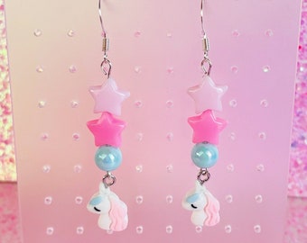 Unicorn Star Earrings, Kawaii Star Earrings, Star Drop Earrings, Unicorn Earrings, Colorful Drop Earrings, Unicorn Drop Earrings