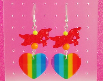 Kawaii Red Unicorn Earrings, Rainbow Heart Earrings, Kawaii, Unicorn Earrings, Rainbow Earrings, Colorful Earrings, Dangle Heart Earrings