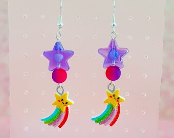 Star Dangle Earrings, Star Earrings, Shooting Star Earrings, Kawaii, Star Drop Earrings, Purple Star Earrings, Colorful Star Earrings