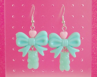 Mint Gummy Bear Earrings, Kawaii Gummy Bear Earrings, Candy Earrings, Gummy Earrings, Mint Green, Bow Earrings, Candy Drop Earrings