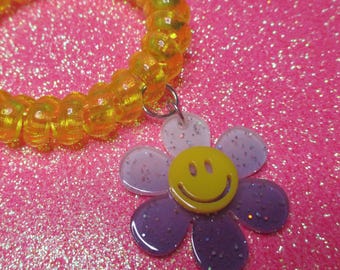 Yellow Flower Charm Bracelet, Purple Flower Bracelet, Kawaii Bracelet, Smiley Face Bracelet, Colorful Charm Bracelet, Fun, Charm Bracelet