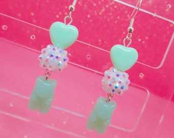 Mint Gummy Bear Earrings, Kawaii Candy Earrings, Kawaii, Gummy Earrings, Gummy Bear Jewelry, Candy Drop Earrings, Candy Earrings