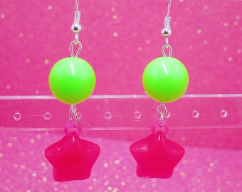 Neon Star Dangle Earrings, Bright Star Earrings, Kawaii Star Earrings, Kawaii, Star Drop Earrings, Pink Star Earrings, Colorful Earrings