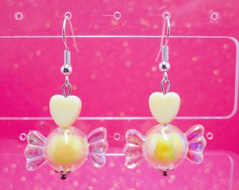 Pastel Kawaii Dangle Earrings, Pastel Dangle Earrings, Pastel Earrings, Kawaii Earrings, Fairy Kei, Heart Earrings, Candy Earrings, Yellow