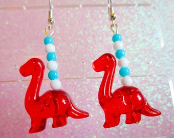 Red Kawaii Dinosaur Earrings, Red Dinosaurs, Dino Earrings, Kawaii Earrings, Patriotic Dangle Earrings, Dinosaur Dangle Earrings, Red Dino