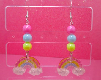 Rainbow Drop Earrings, Pastel Rainbow Earrings, Kawaii, Colorful Earrings, Cute, Rainbow Dangle Earrings, Sparkling Rainbow Earrings