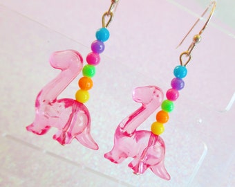 Pink Kawaii Dinosaur Earrings, Pink Dinosaurs, Dinosaur Earrings, Kawaii Earrings, Pink Dangle Earrings, Dinosaur Dangle Earrings, Pink Dino