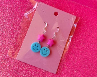 Blue Smiley Face Earrings, Colorful Earrings, Smiley Face Earrings, Rainbow Smiley Earrings, Star Earrings, Kawaii, Happy Face Earrings