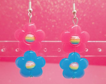 Kawaii Neon Flower Earrings, Flower Dangle Earrings, Kawaii, Colorful Flower Earrings, Neon Earrings, Rainbow Flower Earrings, Neon Earrings