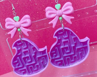 Peep Chick Maze Earrings, Kawaii Earrings, Peep Earrings, Easter Earrings, Purple Peep Earrings, Statement Earrings, Colorful Earrings
