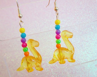 Yellow Kawaii Dino Earrings, Rainbow Dinosaur Earrings, Rainbow Dangle Earrings, Colorful Accessories, Kawaii, Dinosaur Earrings