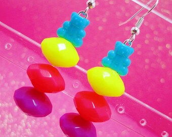 Neon Teddy Bear Earrings, Kawaii, Tiny Bear Earrings, Kawaii Earrings, Neon Bear Earrings, Rainbow Drop Earrings, Neon Rainbow Earrings