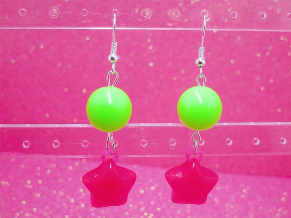 Neon Star Dangle Earrings: Kawaii Gumball Bead Earrings