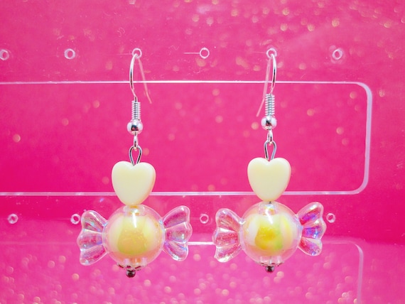 Pastel Kawaii Candy Dangle Earrings: Sterling Silver Heart Hooks