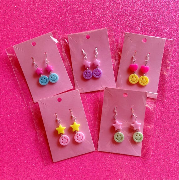 Random Colorful Smiley Face Earrings: Kawaii Sterling Silver Earrings