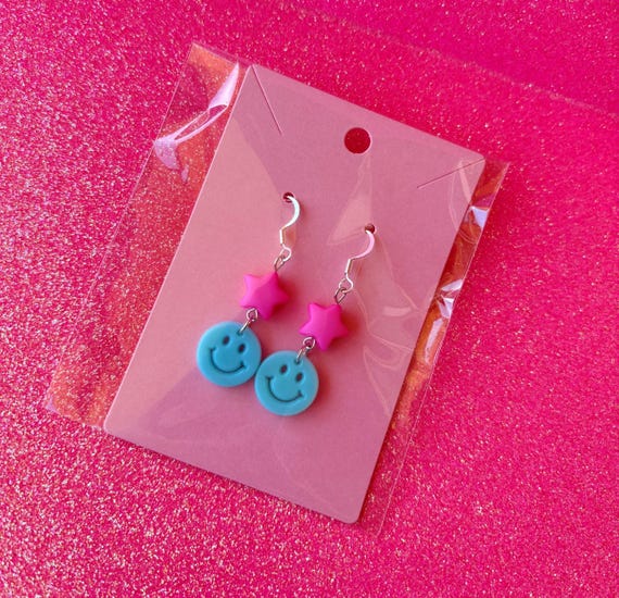 Blue Smiley Face Earrings, Colorful Earrings, Smiley Face Earrings, Rainbow Smiley Earrings, Star Earrings, Kawaii, Happy Face Earrings