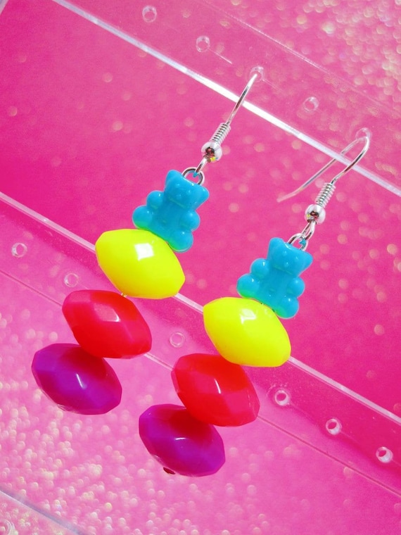 Neon Teddy Bear Drop Earrings: Kawaii Sterling Silver Hooks