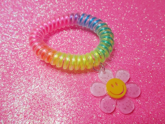 Rainbow Stretch Bracelet: Pink Smiley Flower Charm, Kawaii Fun