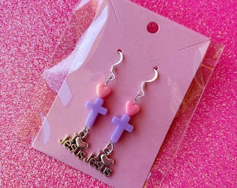 Cross Drop Earrings, Pastel Cross Earrings, Kawaii, Colorful Earrings, Cute, Purple Dangle Earrings, I love Jesus Earrings