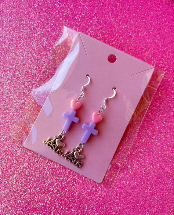 Cross Drop Earrings, Pastel Cross Earrings, Kawaii, Colorful Earrings, Cute, Purple Dangle Earrings, I love Jesus Earrings