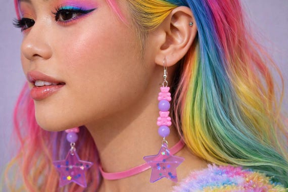 Pink Teddy Bear Star Earrings: Kawaii Sterling Silver Hooks