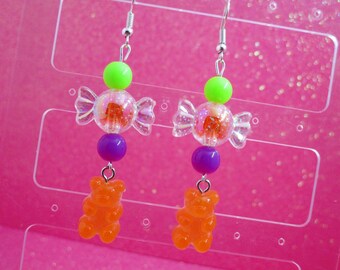 Halloween Gummy Bear Earrings, Kawaii Gummy Earrings, Halloween Earrings, Kawaii, Candy Earrings, Orange Earrings, Halloween Dangle Earrings