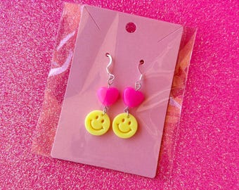 Yellow Smiley Face Earrings, Colorful Earrings, Smiley Face Earrings, Rainbow Smiley Earrings, Heart Earrings, Kawaii, Happy Face Earrings