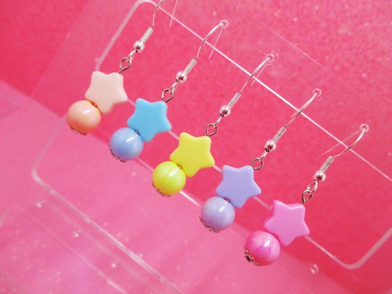 Iridescent Pastel Star Kawaii Dangle Earrings, Pastel Dangle Earrings, Pastel Earrings, Kawaii, Fairy Kei, Dainty Earrings, Star Earrings