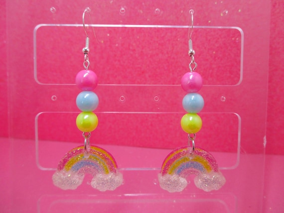 Rainbow Drop Earrings, Pastel Rainbow Earrings, Kawaii, Colorful Earrings, Cute, Rainbow Dangle Earrings, Sparkling Rainbow Earrings