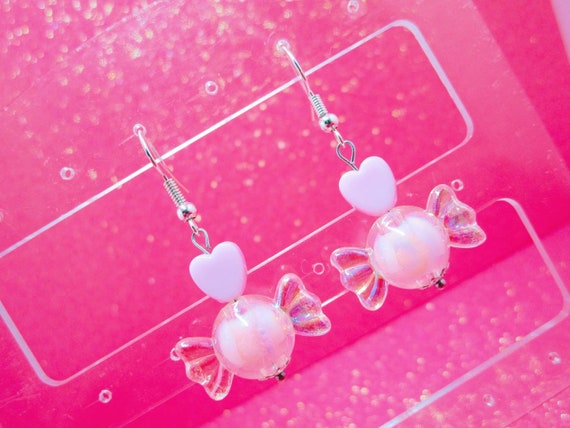 Pastel Candy Dangle Earrings: Sterling Silver Heart, Fairy Kei