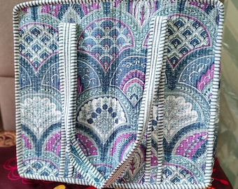 Handmade Quilted Cotton Tote Bag | Blue Floral Arch Design