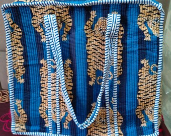 Handmade Quilted Tote Bag | Blue Tiger Block Print, Boho Travel
