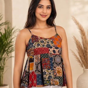 Patchwork Baumwolle Trägertop für Frauen, Boho Cami Top, ärmelloses Sommer Tanktop, fließende Babydoll Bluse, Urlaubs Strand Top