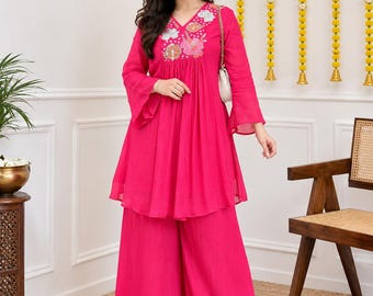 Besticktes Baumwoll-Kurta-Hosen-Set, 2-teilige indische Damenbekleidung, rosa-gelbes Kurti-Set, festliches Baumwoll-Outfit