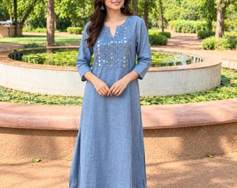 Kurti-Palazzo-Set aus Baumwoll-Slub, Kurta mit Folien- und Spiegelstickerei, handgefertigte ethnische Kleidung, festliches indisches Outfit für Damen
