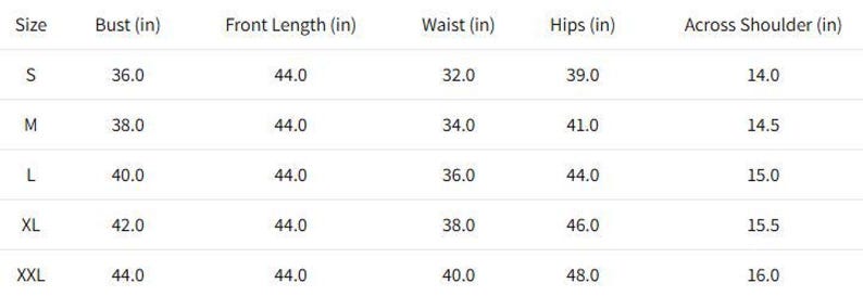 May include: A size chart table with black text on a white background. The columns are labelled Size, Bust (in), Front Length (in), Waist (in), Hips (in), and Across Shoulder (in). Rows list sizes S, M, L, XL, and XXL with corresponding measurements.