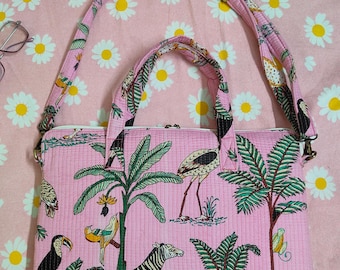 Quilted Laptop Tote Bag Pink Tropical Jungle Print, Cute Padded Shoulder Bag, Zipper Work Tote, Lightweight Fabric Handbag Gift for Her