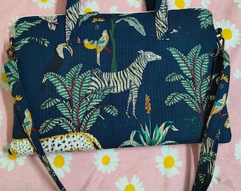 Borsa trapuntata per laptop da donna, borsa tote stampata con tracolla, borsa da ufficio in cotone, borsa a tracolla fatta a mano, borsa da lavoro con stampa floreale e animalier