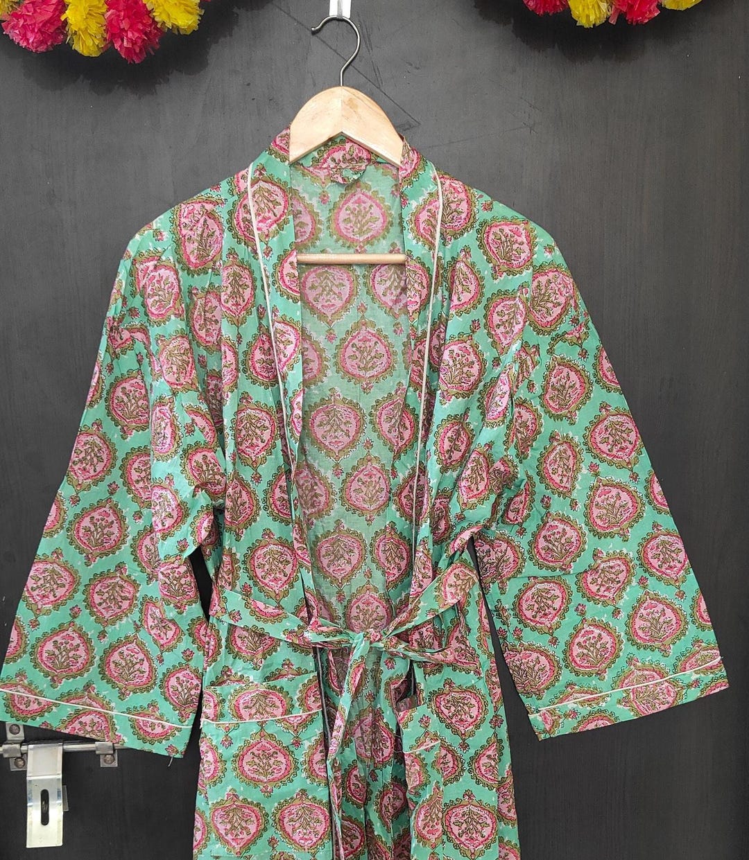 Drawn Block Robe Hand Block Print Cotton Robe | Green & Pink Floral Kimono Robe ...